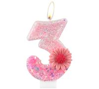 Velas de cumpleaños rosa con número margarita 3, decoración para tarta y fiesta de 3er cumpleaños, flores brillantes