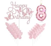 Velas de Feliz Cumpleaños 8 con Mariposas - Decoración de Pastel Rosa para Niñas - Bonita Vela Número 8