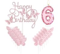 Velas de feliz cumpleaños de 6 mariposas, vela rosa número 6 con decoración de pastel de mariposa para niñas, velas de 6º cumpleaños, decoración de tartas, bonita decoración de pastel de 6º cumpleaños