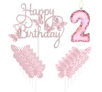 Velas de feliz cumpleaños de mariposa, vela rosa número 2 con decoración de pastel de mariposa para niñas, velas de segundo cumpleaños, decoración de tartas, bonita decoración de pastel de segundo