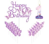 Velas de feliz primer cumpleaños de mariposa, vela número 1 rosa y morado con decoración de pastel de mariposa para niñas, decoración de pastel de primer cumpleaños, bonita decoración de pastel de