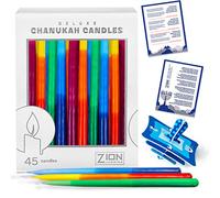 Velas de Hanukkah de lujo, tamaño estándar, 45 emocionantes velas decorativas de tres colores, juego de velas de Janucá Menorah de calidad con Dreidel, tarjeta de oración, para ocho noches de Hanukah - Zion Judaica