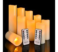 Velas de LED sin llama H4" 5" 6" 7" 8" 9" Set de9 pilar de cera real no plástico Con 10 teclas de control remoto temporizador300 horas (9, marfil