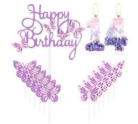 Velas de mariposa de cumpleaños número 14 para tartas, color rosa y morado con el número 14 para decoración de tartas de cumpleaños de niñas, velas de cumpleaños de mariposa, decoración de pastel para
