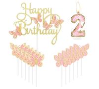 Velas de mariposa de feliz segundo cumpleaños, decoración de pastel de cumpleaños número 2, color oro rosa, decoración de pastel de segundo cumpleaños para niñas, decoración de pastel de cumpleaños de