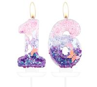 Velas de mariposa número 16 para pastel, velas de pastel de mariposa de 16º cumpleaños, decoración de pastel de 16º cumpleaños para niñas, velas de cumpleaños de mariposa morada y rosa decoraciones