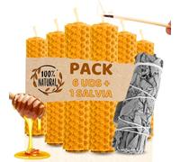 Velas de Miel de Abeja para Rituales 100% Natural Española Cera Pura - Hechas a Mano - Origen España - SIN PARAFINA (6 Velas de Miel y 1 Salvia Blanca, 10 cm x 2,2 cm)