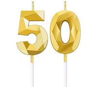 Velas de Número de Cumpleaños 50 Velas de Pastel en Forma de Diamante 3D Topper Decoración de Torta de Número 50 para Celebración Aniversario Bodas Cumpleaños, Oro