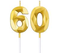 Velas de Número de Cumpleaños 60 Velas de Pastel en Forma de Diamante 3D Topper Decoración de Torta de Número 60 para Celebración Aniversario Bodas Cumpleaños, Oro