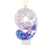 Velas de número de Cumpleaños, 7,3 cm vela de Mariposa Púrpura, Decoraciones de Pastel Púrpura con Purpurina, Lindas de Feliz Cumpleaños (Número 9)