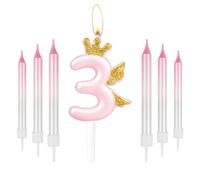 Velas de número de feliz tercer cumpleaños, corona dorada con velas de ala para pastel, decoraciones de cumpleaños rosas para ella, bonita decoración de pastel de 3 velas para niñas y mujeres, fiesta