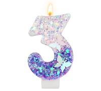 Velas de Números de Cumpleaños, 7,3 cm Vela de Mariposa Púrpura Velas de Números con Purpurina Decoraciones de Pastel Púrpura Velas de Números Lindas de Feliz Cumpleaños (Número 3)