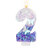 Velas de Números de Cumpleaños, 7,3 cm Vela de Mariposa Púrpura Velas de Números con Purpurina Decoraciones de Pastel Púrpura Velas de Números Lindas de Feliz Cumpleaños (Número 2)