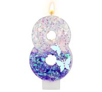 Velas de Números de Cumpleaños, 7,3 cm Vela de Mariposa Púrpura Velas de Números con Purpurina Decoraciones de Pastel Púrpura Velas de Números Lindas de Feliz Cumpleaños (Número 8)