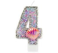 Velas de sirena con número 4 para niñas, vela con purpurina con lentejuelas de concha rosa, perlas rosas y moradas, velas de pastel para niñas, decoraciones de cumpleaños temáticas de sirena,