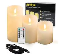 Velas eléctricas sin llama con batería recargable - Autbye Extra Brillante Marfil Paquete de 3 "5" 6" Cera real sin goteo Pilares LED Parpadeo con Control Remoto de 10 teclass