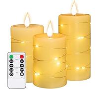 Velas LED con cadena de luces integradas, juego de 3 velas sin llama, con mando a distancia de 10 teclas, función de temporizador de 24 horas, llama bailando, funciona con pilas de cera real.