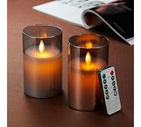 Velas LED Pack de 2 Parpadeante Sin Llama, con Vidrio y Temporizador, Mando a Distancia, Real Cera, Regulable Para Dormitorio Fiesta - 15cm Gris