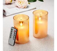 Velas LED Pack de 2, Velas Parpadeante Sin Llama, Funciona con pilas Velas con Vidrio, Vela LED Temporizador con Mando a Distancia, Real Cera, Velas Con y Regulable, Para Dormitorio Fiesta-10cm Marrón