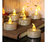 Velas LED plateadas con purpurina, paquete de 12 velas de té falsas parpadeantes de color amarillo cálido con pilas, velas de té realistas sin llama para Navidad, Pascua, Halloween, boda, fiesta,