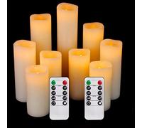 Velas LED, sin llama, juego de 9, diámetro 5.5 cmxaltura 10/12.5/15/17.5/20/22.8 cm, velas de cera real con mando a distancia y función de temporizador de 24 horas (marfil)