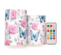 Velas sin llama con estampado floral vintage de mariposa con temporizador remoto, funciona con pilas, velas LED que cambian de color, paquete de 2 para decoración del hogar y festivales