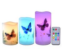 Velas sin llama Juego de 3, Vela LED de cera real con control remoto, F: 7,5 cm, Al: 10/12,5/15 cm, Temporizador, Parpadeo, 12 colores