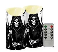 Velas sin llama, velas LED Grim Reaper Skull Death Scythe Dead Gothic | Velas que funcionan con pilas con control remoto y temporizadores, juego de 2, 3 x 3.9 pulgadas