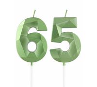 Velas verdes de 65 cumpleaños, velas verdes 3D con número 65 para pasteles, decoraciones de cumpleaños 65 para mujeres y hombres, decoraciones de pastel verde, decoración de pastel de vela verde para
