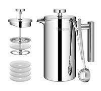 Velaze - Cafetera de émbolo (acero inoxidable, 350 ml, para 2 tazas, doble pared, cafetera, con 5 flitros y cuchara-S