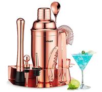Velaze Juego de 10 cocteleras de acero inoxidable, juego de regalo, juego de barman con soporte de acero inoxidable, juego profesional de mezcla para el hogar, bar y fiestas, oro rosa