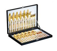 Velaze Juego de Cubiertos Set 30 Piezas para 6 Personas en Aacero Inoxidable 18/10, 6 Cucharas de Cena, 6 Ttenedores de Mesa, 6 Cuchillos de Cena, 6 Cuchara de Postre, 6 Cuchillos de Té - Oro