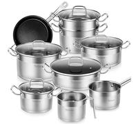 Velaze Juego de Ollas, Batería de Utensilios de Cocina de Acero Inoxidable, Conjunto de Cacerolas Antiadherentes con Tapa de Vidrio(14 Piezas)