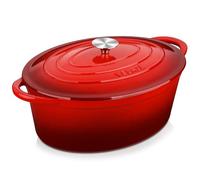 Velaze Olla de Hierro Fundido 34 cm, Cacerola Holandesa de Esmaltado Antiadherente Anticorrosiva Oval de Color Rojo con Tapa, para Cocina Estofado, Paella, Ollas de Gran Capacidad - 7 L