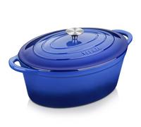 Velaze Olla de Hierro Fundido 34 cm, Cacerola Holandesa de Esmaltado Antiadherente Anticorrosiva Oval de Color Azul con Tapa, para Cocina Estofado, Paella, Ollas de Gran Capacidad - 7 L