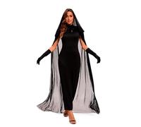 Velcoxplay Disfraz de bruja de Halloween para mujer, vestido largo de vampiro, terror, novia fantasma negra, disfraz de reina malvada, capa, disfraz de carnaval, trajes para adultos, negro, M