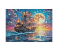 Velero Antiguo en la Noche de Luna Rompecabezas 300 Piezas Cartón para Principiantes Días Lluviosos Tiempo Libre En Casa para Reyes Magos Detalle De Cumpleaños 300 PCS