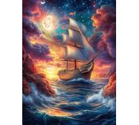 Velero Vintage bajo Luna Puzzle 300 Piezas Colorido Vibrante Paisaje de Ciencia ficción Rompecabezas para Adultos Obra De Arte Familiar Estera Portátil DIY Creativo 300 PCS