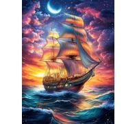 Velero Vintage bajo Luna Puzzle 300 Piezas Relajante Premium Paisaje Ciencia ficción Rompecabezas para Hombres Y Mujeres Estera Portátil 3D Decoración Hogar Duradera 300 PCS