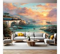 Veleros Y PelíCanos Papel Pintado Pared Panorámico Tren azul al atardecer 250 x 175 cm Póster Gigante de Pared Personalizado 3D Para Sala de Estar, Adulto Habitación de Niños, Estudio