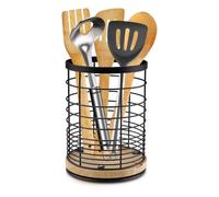 Velicber Giratorio Soporte para Utensilios de Cocina Redondo Organizador de Utensilios de Acero Inoxidable con Base de Madera Grande Escurre Cubiertos de Cocina, 13.5 x 13.5 x 18.5 cm (Negro)