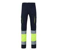 Velilla 303007; pantalón de Alta Visibilidad 100% algodón, bicolor y multibolsillos; color azul navy y amarillo flúor, talla 5XL