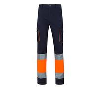 Velilla 303007; pantalón de Alta Visibilidad 100% algodón, bicolor y multibolsillos; color azul navy y naranja flúor, talla L