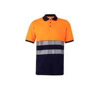 Velilla 305523 Polo de Alta Visibilidad en Algodón, Bicolor y Manga Corta con Cinta Segmentada, Color Azul Navy y Naranja Flúor, Talla S
