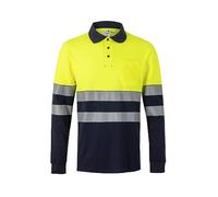 Velilla 305525 Polo de Alta Visibilidad en Algodón, Bicolor y Manga Larga con Cinta Segmentada, Color Azul Navy y Amarillo Flúor, Talla S