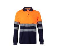 Velilla 305525 Polo de Alta Visibilidad en Algodón, Bicolor y Manga Larga con Cinta Segmentada, Color Azul Navy y Naranja Flúor, Talla M