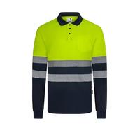Velilla 305535; Polo Poliéster Reciclado Bicolor Manga Larga Cinta Segmentada; Color Azul Navy y Amarillo Flúor; Talla 2XL