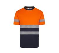Velilla 305633; Camiseta Poliéster Reciclado Bicolor Manga Corta Cinta Segmentada; Color Azul Navy y Naranja Flúor; Talla 2XL