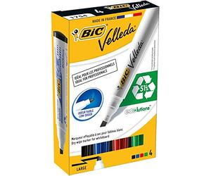 Velleda 1751 Ecolutions PTE - Lote de 3 paquetes de 4 rotuladores para pizarra blanca, borrable, bisel grande, negro, azul, rojo y verde