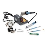 Velleman Estación de soldadura con temperatura ajustable de 40-48 W, 150-480 °C, con tercera mano, bomba desoldadora, soldadura sin plomo, raspador, cepillo y 2 puntas de soldadura, gris